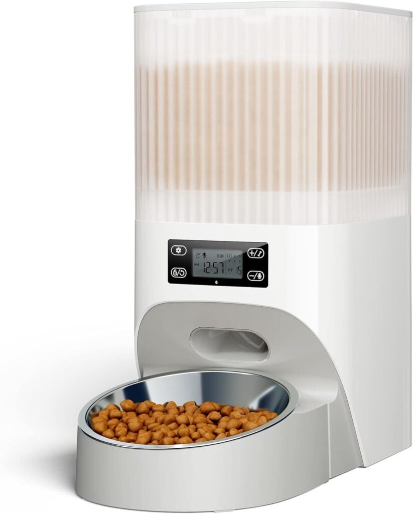 Faroro 4L Comedero Gato Automatico, Dispensador Comida Perros y Gatos con Grabación de Voz 30s, Tazón para Gatos de Acero Inoxidable y Temporizador, Programable de 1 a 6 Comidas, Blanco