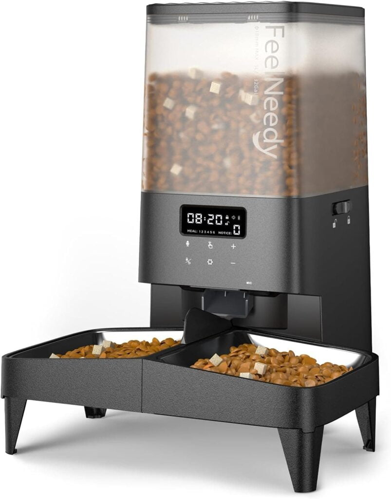FEELNEEDY 5L Comedero Gato Automático para 2 Gatos y Perros, Dispensador de Comida hasta 6 Comidas al Día con 2 Cuencos Desmontables, Grabación de Voz 10s, Control de Porciones (Auto-Negro)