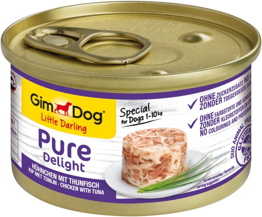 GimDog Pure Delight, pollo con atún - Snack para perros rico en proteínas, con carne tierna en deliciosa gelatina - 12 latas (12 x 85 g)