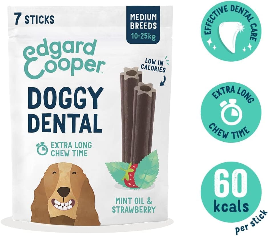 Edgard & Cooper Dental Stick para Perros Medios 56 Barritas para la Higiene Oral Premios Natural Sin Cereales 7 Sticks x 8 Menta & Freza, Higiene Dental, Bajo en Calorías, Aliento Fresco