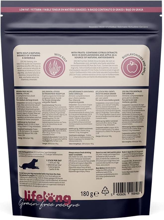 Marca Amazon - Lifelong Palitos dentales sin cereales para perros de razas medianas y grandes, Pollo, 180g, Paquete de 6