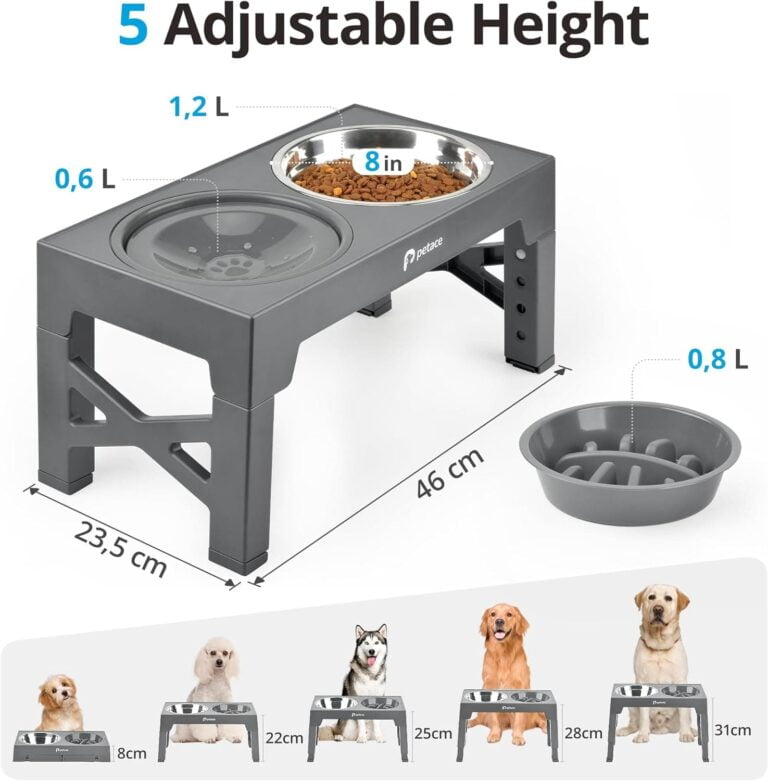 Petace Comedero Perro Elevado, 1 Comedero de Acero Inoxidable, 1 Comedero Perro Antivoracidad, 1 Bebedero Perro Antigoteo, Ajustable de 5 Alturas para Perros Pequeños, Medianos y Grandes, Gris