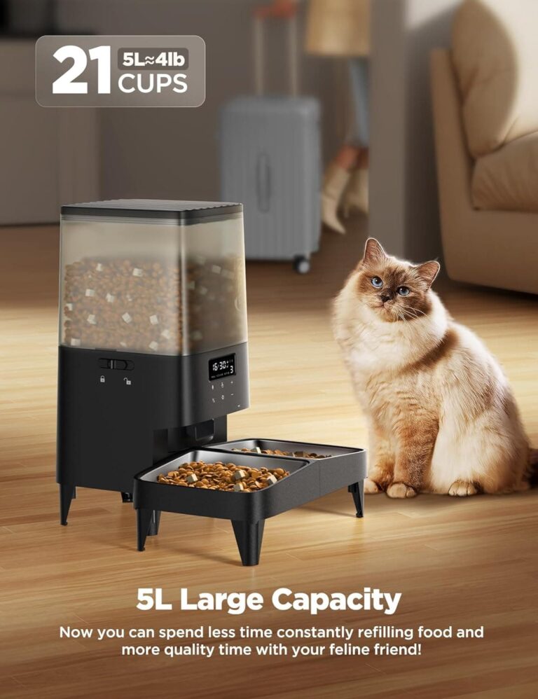 FEELNEEDY 5L Comedero Gato Automático para 2 Gatos y Perros, Dispensador de Comida hasta 6 Comidas al Día con 2 Cuencos Desmontables, Grabación de Voz 10s, Control de Porciones (Auto-Negro)