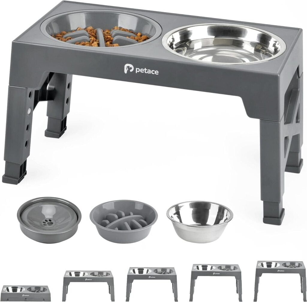 Petace Comedero Perro Elevado, 1 Comedero de Acero Inoxidable, 1 Comedero Perro Antivoracidad, 1 Bebedero Perro Antigoteo, Ajustable de 5 Alturas para Perros Pequeños, Medianos y Grandes, Gris