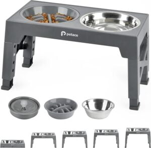 Petace Comedero Perro Elevado, 1 Comedero de Acero Inoxidable, 1 Comedero Perro Antivoracidad, 1 Bebedero Perro Antigoteo, Ajustable de 5 Alturas para Perros Pequeños, Medianos y Grandes, Gris