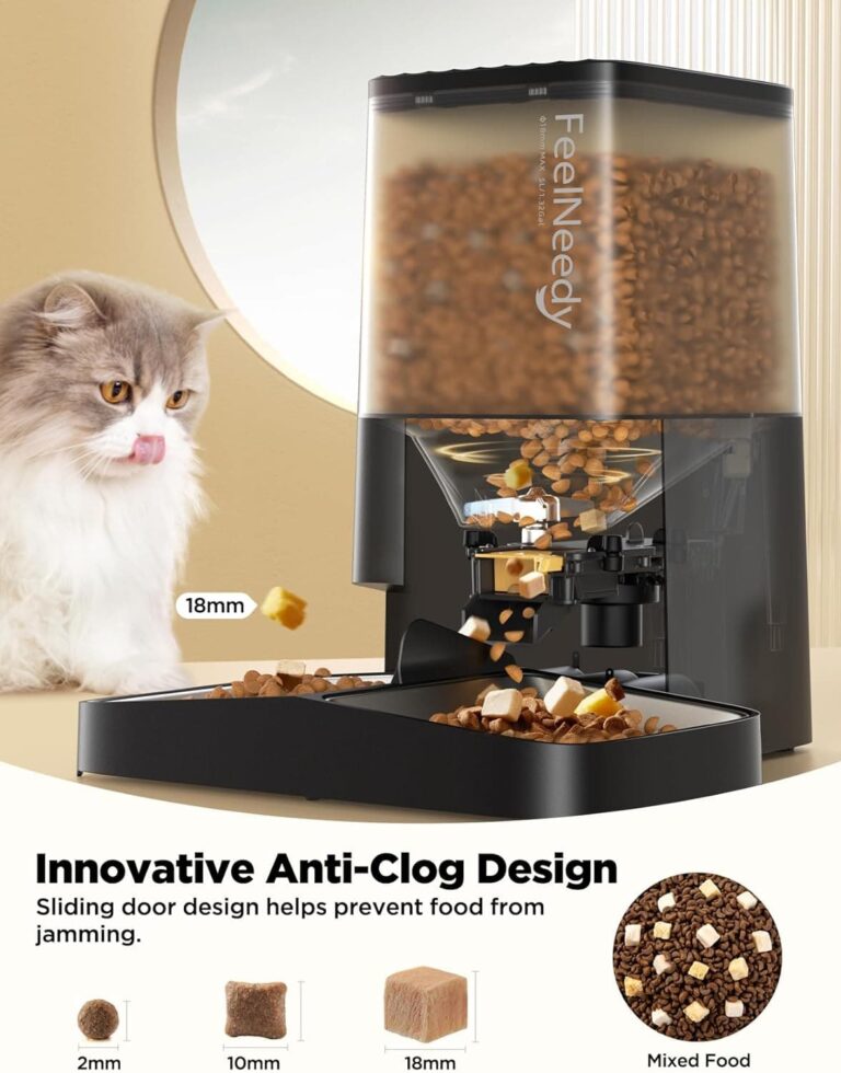 FEELNEEDY 5L Comedero Gato Automático para 2 Gatos y Perros, Dispensador de Comida hasta 6 Comidas al Día con 2 Cuencos Desmontables, Grabación de Voz 10s, Control de Porciones (Auto-Negro)