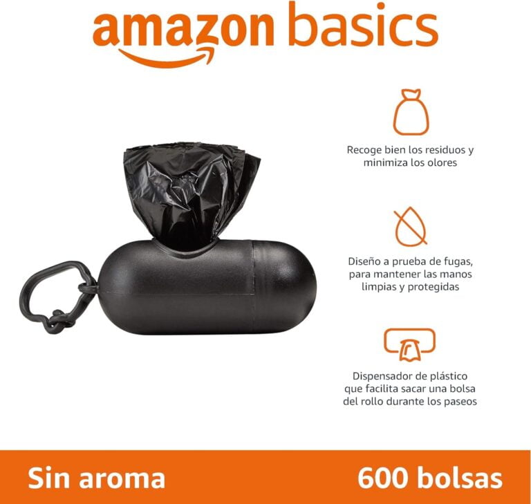 Amazon Basics Bolsas para excrementos de perro con dispensador y clip para correa, Sin fragancia, 600 Unidad, 40 Paquetes de 15