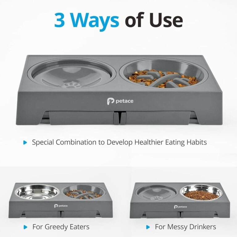 Petace Comedero Perro Elevado, 1 Comedero de Acero Inoxidable, 1 Comedero Perro Antivoracidad, 1 Bebedero Perro Antigoteo, Ajustable de 5 Alturas para Perros Pequeños, Medianos y Grandes, Gris