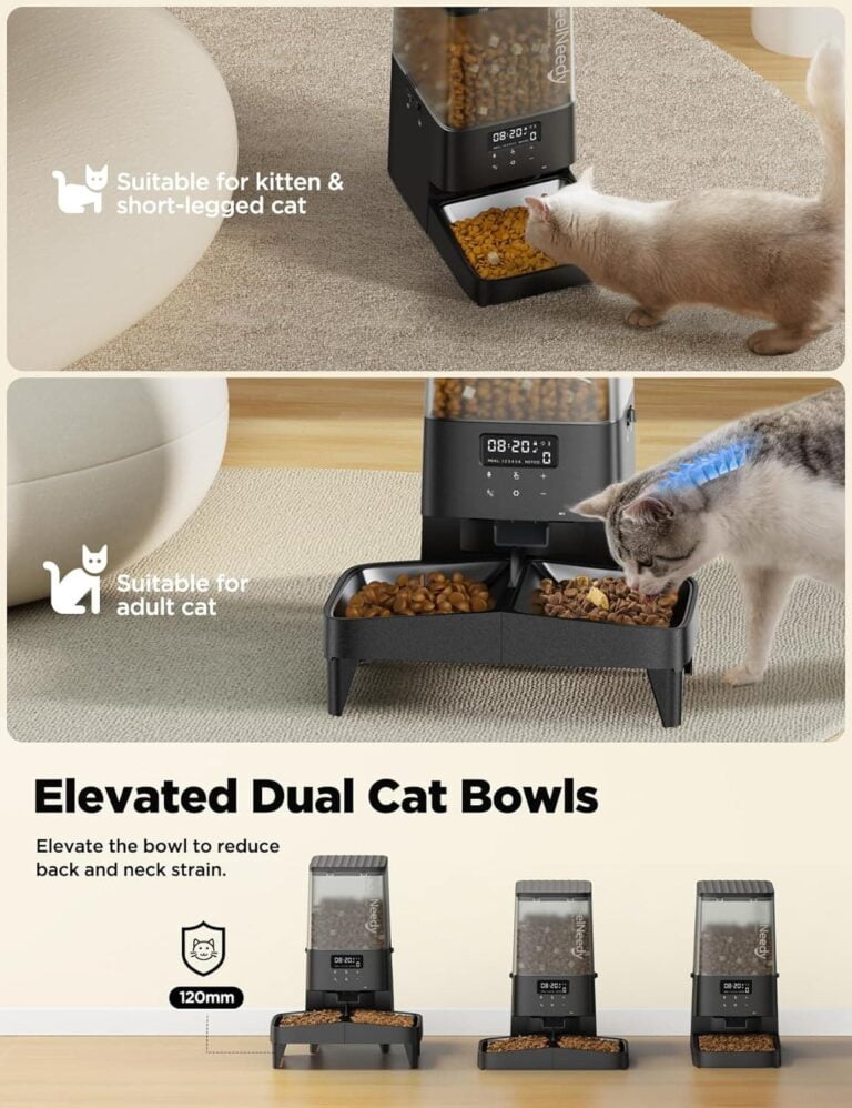 FEELNEEDY 5L Comedero Gato Automático para 2 Gatos y Perros, Dispensador de Comida hasta 6 Comidas al Día con 2 Cuencos Desmontables, Grabación de Voz 10s, Control de Porciones (Auto-Negro)