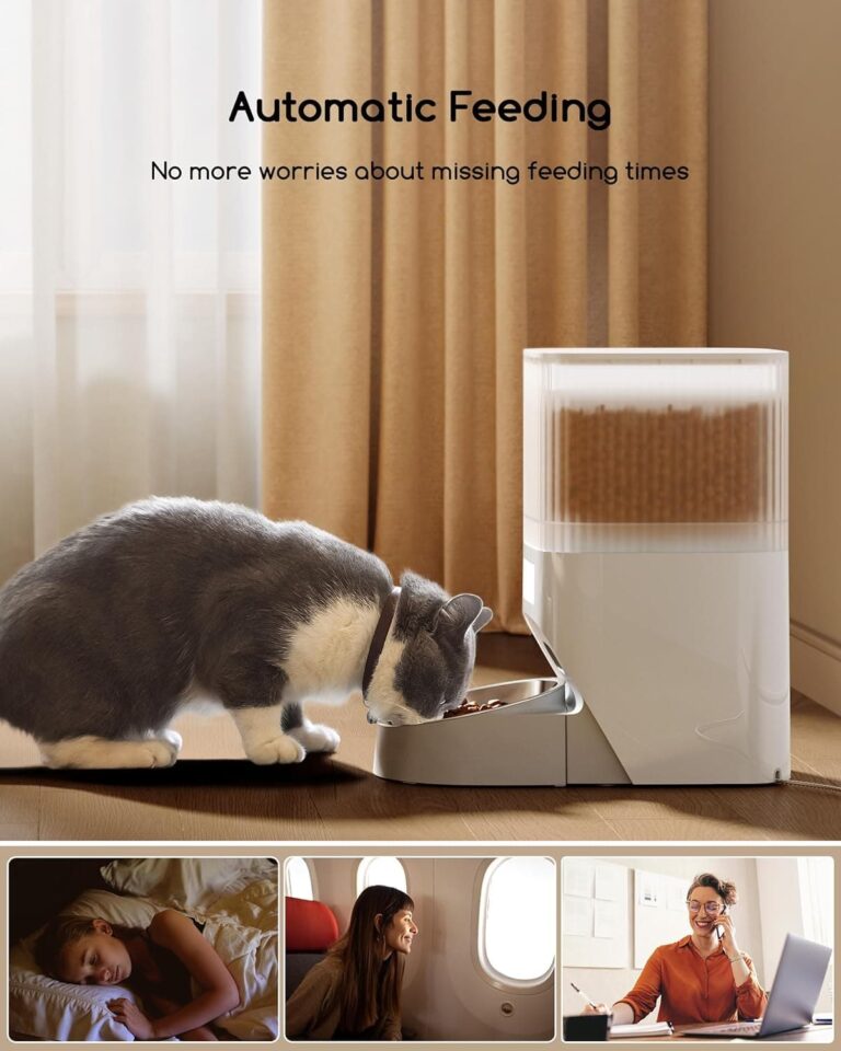 Faroro 4L Comedero Gato Automatico, Dispensador Comida Perros y Gatos con Grabación de Voz 30s, Tazón para Gatos de Acero Inoxidable y Temporizador, Programable de 1 a 6 Comidas, Blanco