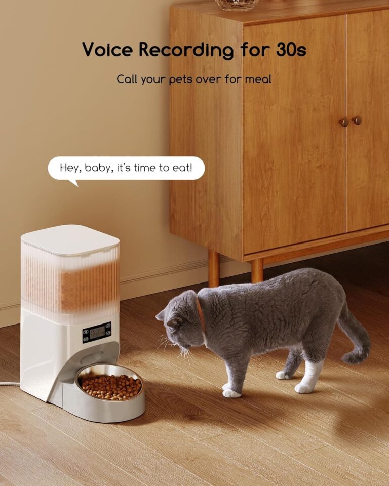 Faroro 4L Comedero Gato Automatico, Dispensador Comida Perros y Gatos con Grabación de Voz 30s, Tazón para Gatos de Acero Inoxidable y Temporizador, Programable de 1 a 6 Comidas, Blanco