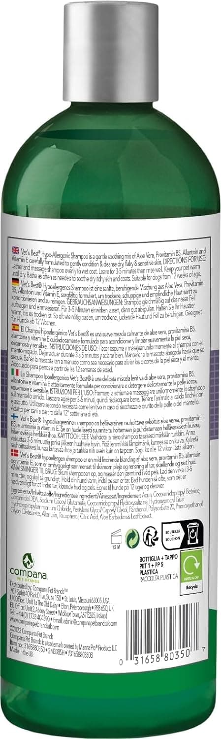 Vet's Best Champú HIPO-Alergénico para Perros con Piel Sensible, Alivia el Malestar de la Piel Seca, Picazón, Limpia, Hidrata y Condiciona la Piel y el Pelaje, 500ml