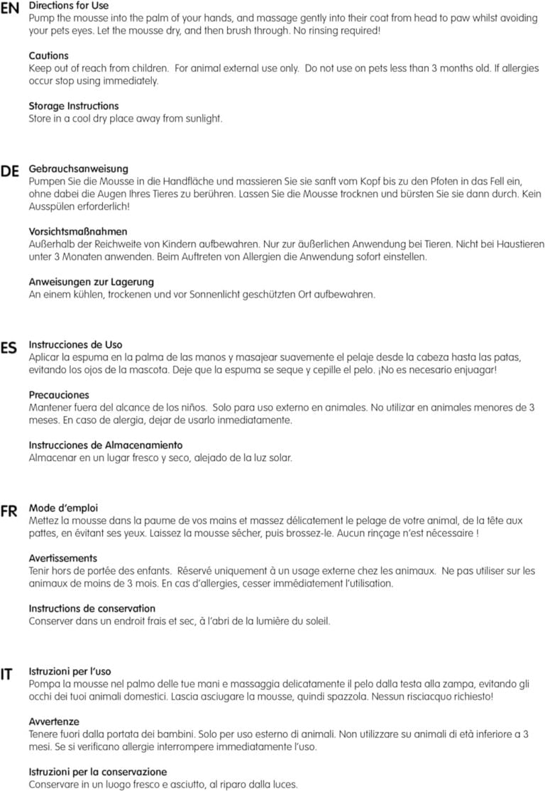 Champú de Lavado en Seco para Mascotas - Suavizante y Desodorante, Ingredientes Naturales, Secado Rápido y No Es Necesario Enjuagar (Aloe y Avena)