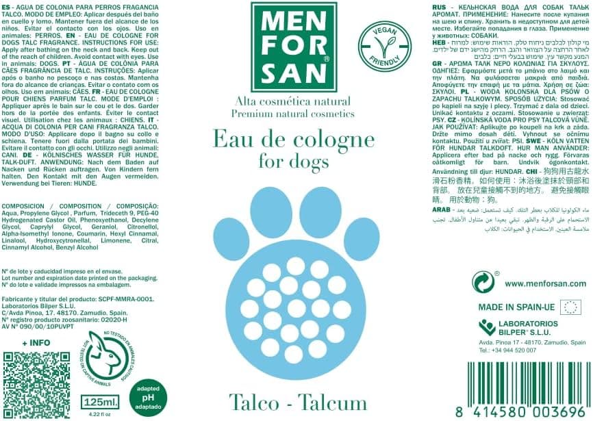 MENFORSAN Agua de Colonia para Perros Talco - 125 ml