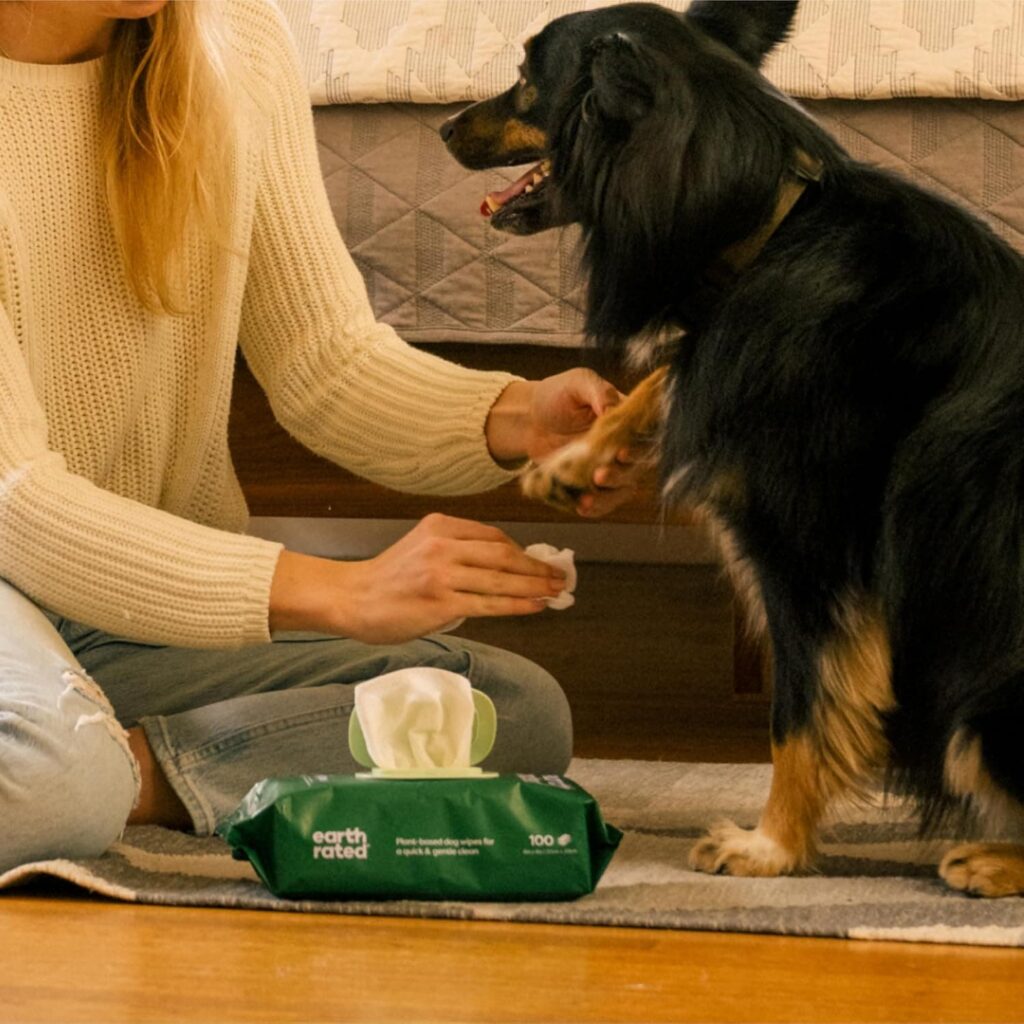 Earth Rated - Toallitas húmedas para perros a base de plantas, Toallitas húmedas de limpieza y control de olores para patas, cuerpo y trasero de cachorros y perros adultos - Sin aroma - 100 unidades