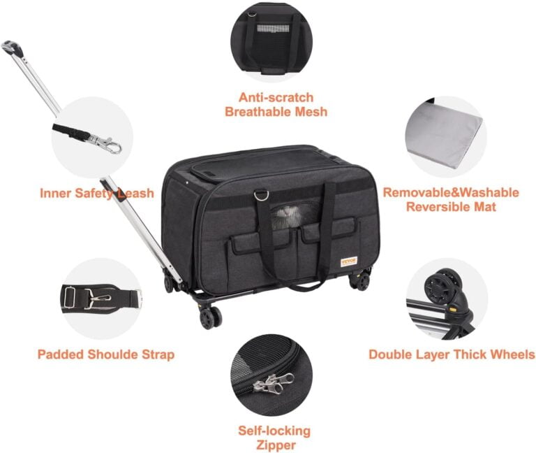 VEVOR Transportín para Mascotas con Ruedas Carga de 15,8kg Maleta para Gatos 65x36x36 cm Transportador para Mascotas con Asa Telescópica Correa para Hombro Cremallera con Autocierre para Perros, Negro