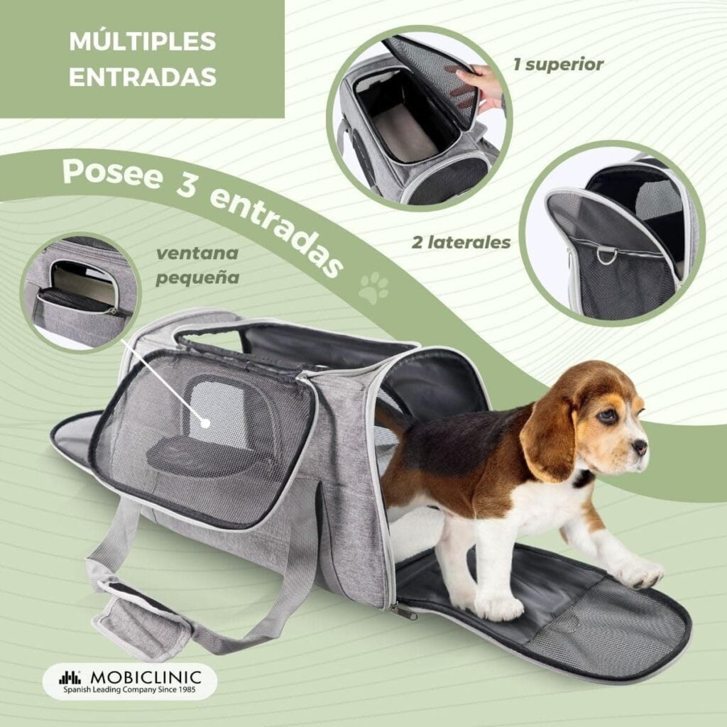 Mobiclinic® Pets, Transportín Perro Gato, Bronco, Plegable, Banda para Trolley, Ventilación, Múltiples accesos, Ajustable, 48x25x30 cm, Portátil, Adaptable a Maletas, Mascotas pequeñas