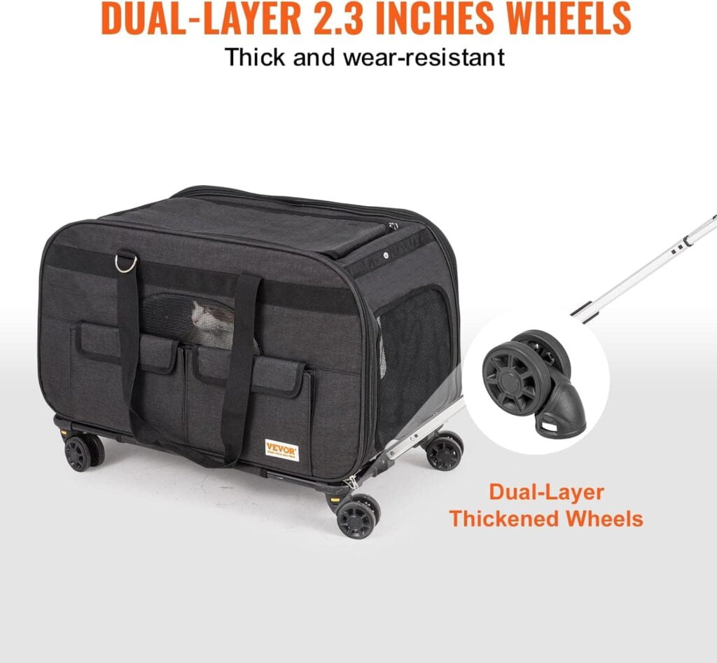 VEVOR Transportín para Mascotas con Ruedas Carga de 15,8kg Maleta para Gatos 65x36x36 cm Transportador para Mascotas con Asa Telescópica Correa para Hombro Cremallera con Autocierre para Perros, Negro