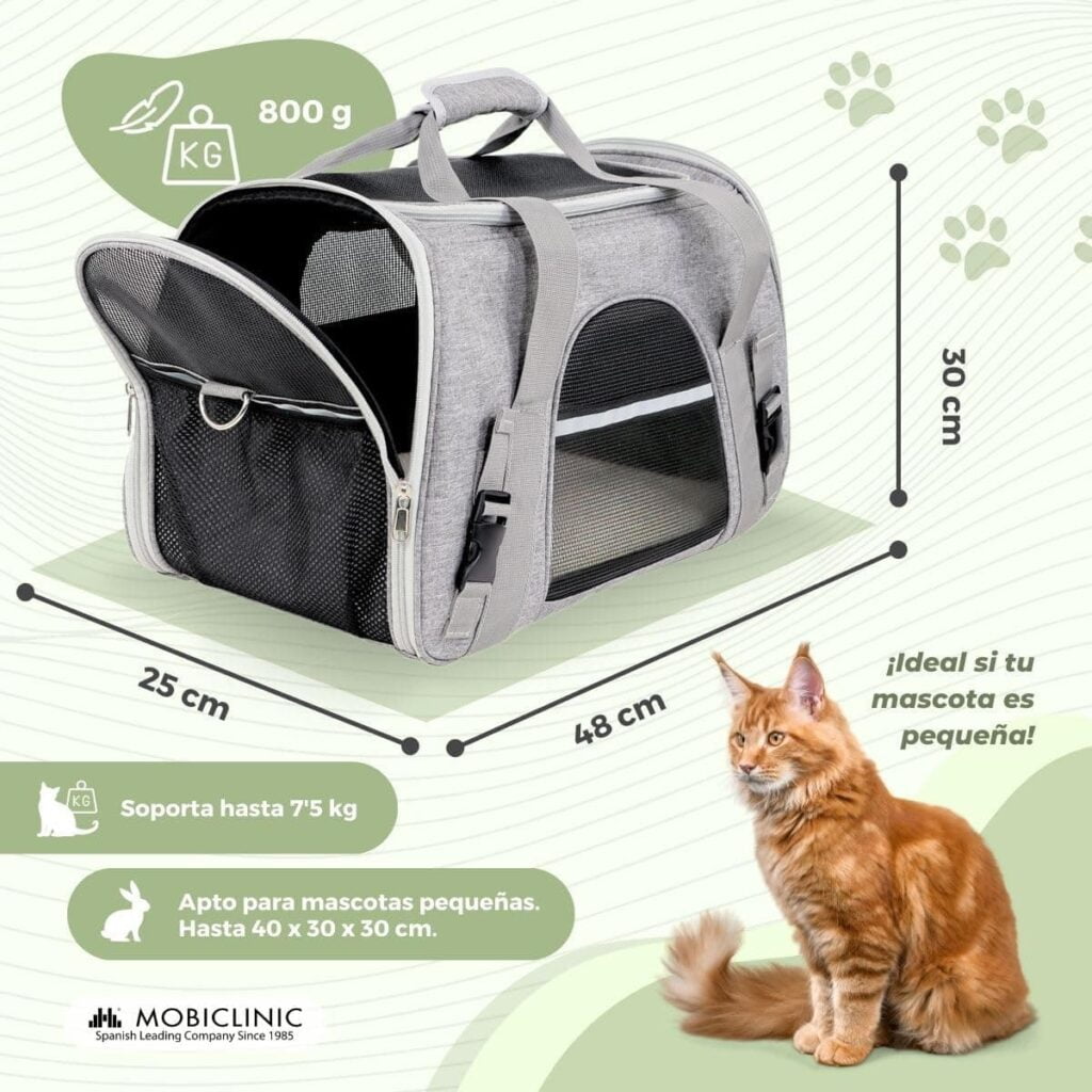 Mobiclinic® Pets, Transportín Perro Gato, Bronco, Plegable, Banda para Trolley, Ventilación, Múltiples accesos, Ajustable, 48x25x30 cm, Portátil, Adaptable a Maletas, Mascotas pequeñas
