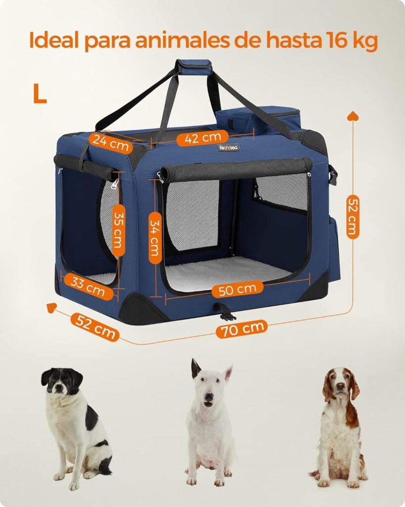 Feandrea Transportín para Gatos y Perros, Plegable, Tamaño L, Tela Oxford, Malla Transpirable, Portátil, Marco Metálico, con Asas y Bolsillos, 70 x 52 x 52 cm, Azul Oscuro PDC70Z