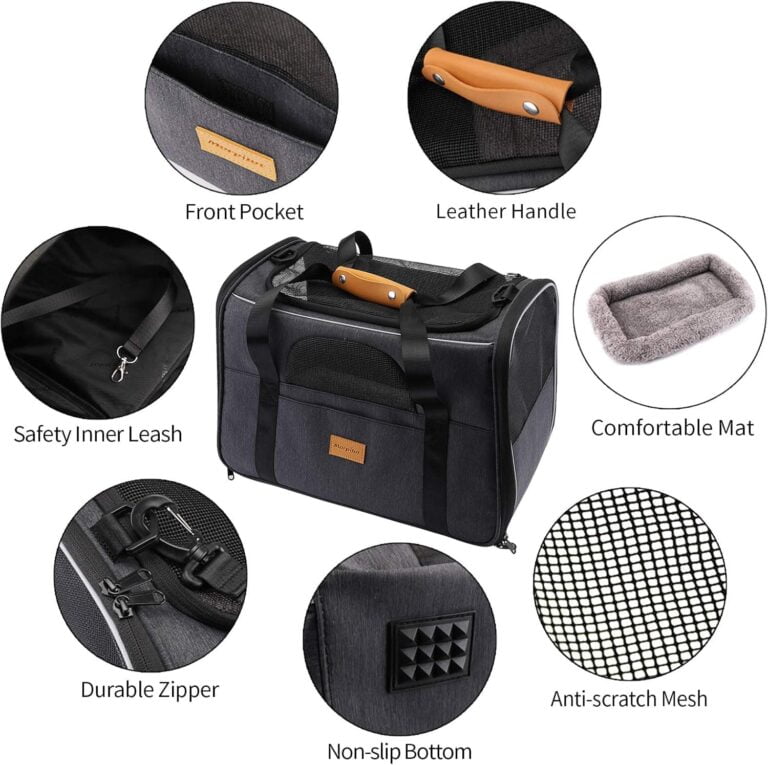 morpilot Transportín Perro Transportín Gato, Bolsa Transporte Transpirable para Mascota, Bolsa Perro Transporte con Correa de Hombro Ajustable y con Cojín Extraíble + Tazón (16.9 * 11.8 * 13 Inch)