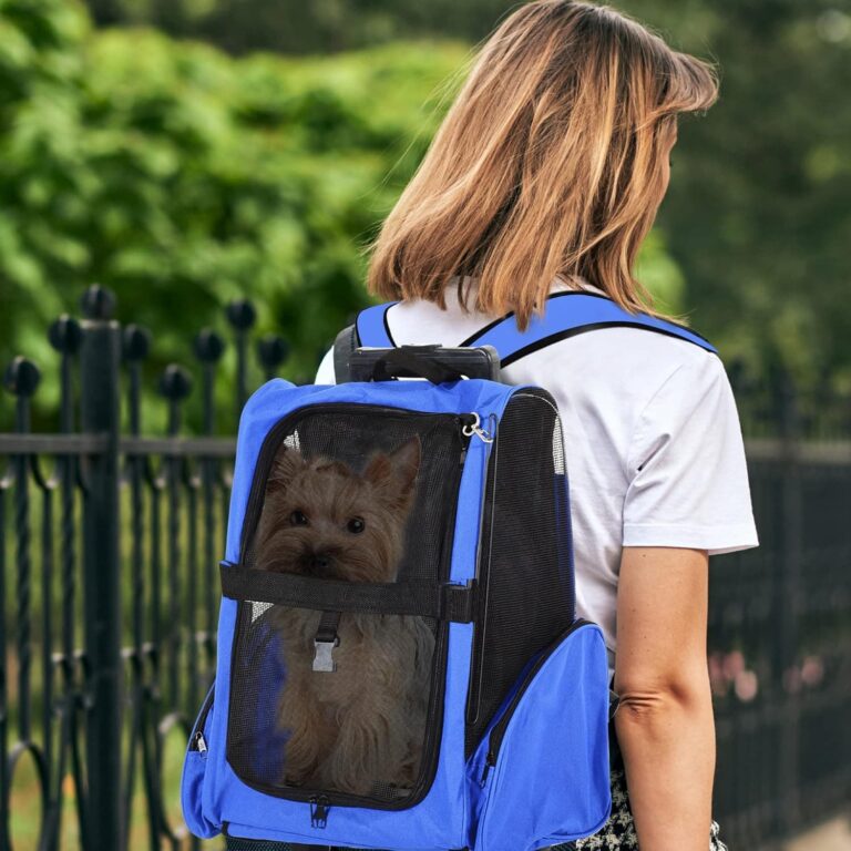 PawHut Transportín 2 en 1 para Mascotas Mochila o Carrito de Viaje para Perro y Gato con Ruedas con Asa retráctil y Bolsillos 42x25x55 cm Azul