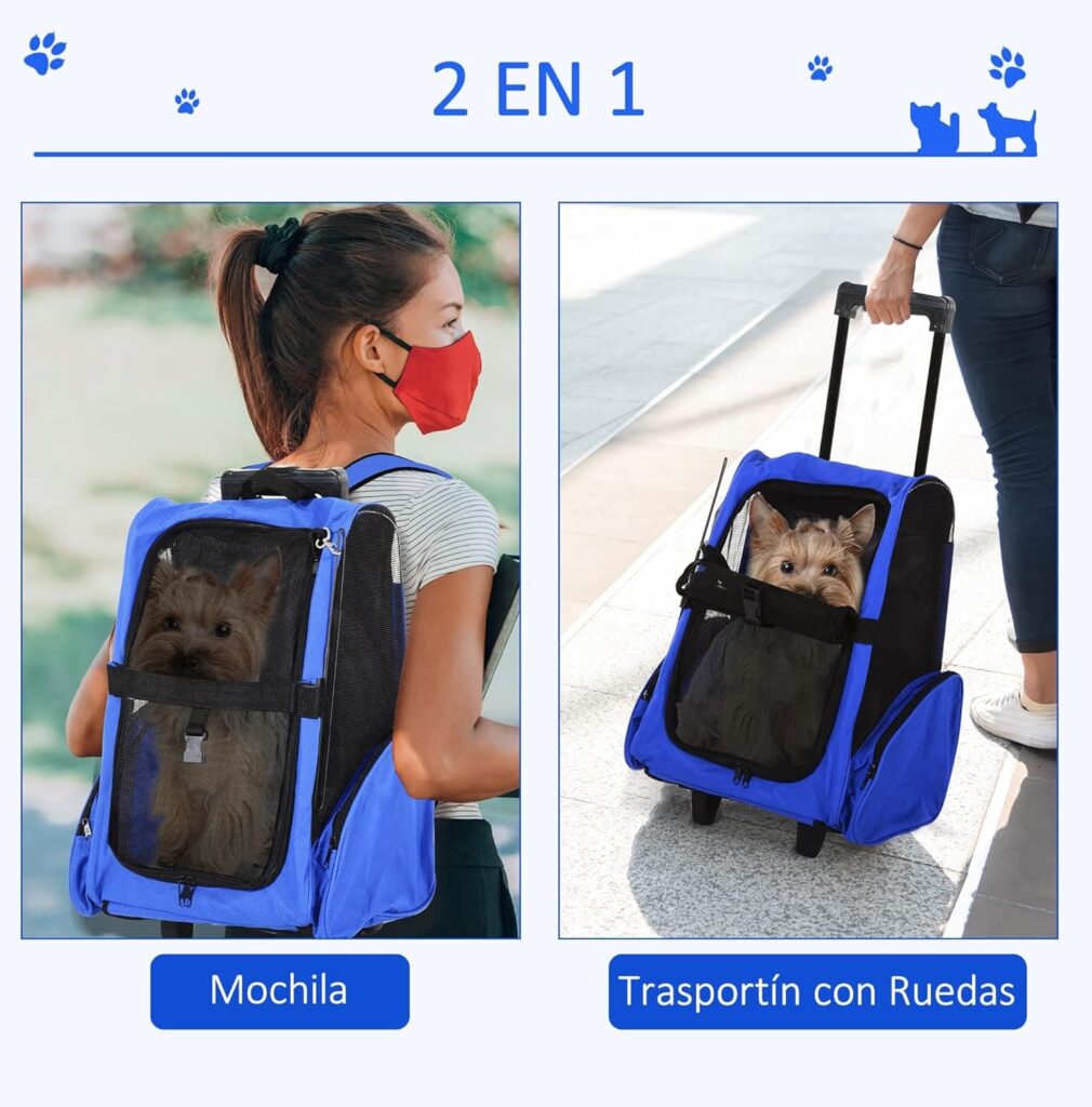 PawHut Transportín 2 en 1 para Mascotas Mochila o Carrito de Viaje para Perro y Gato con Ruedas con Asa retráctil y Bolsillos 42x25x55 cm Azul