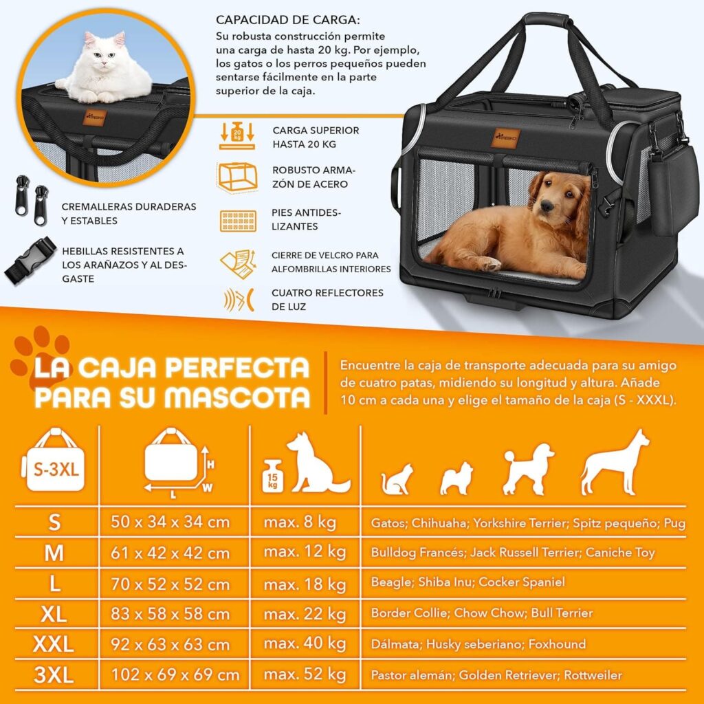 TRESKO® Caja Plegable para Perros con Alfombrilla para Fugas, espátula y Reflectores XXL 92 x 63 x 63 cm, para Perros y Gatos, Caja de Transporte para Perros pequeños y Grandes