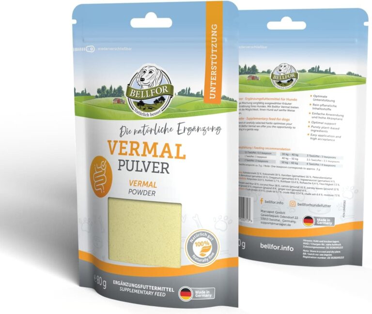 Suplementos para Perros Vermal de Bellfor - 80 g. Antiparasitario Natural con Harina de Coco y Semillas de Calabaza, Ayuda contra la Giardia, Previene Parasitosis, Fortalece el Sistema Inmune