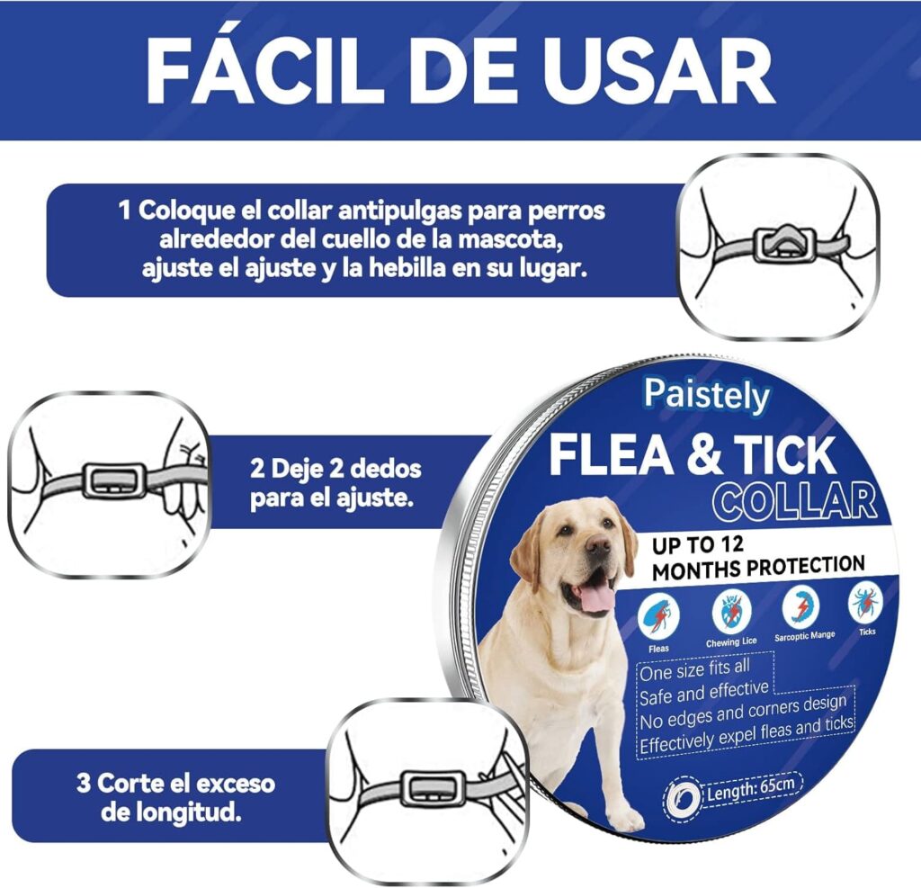Collar Antiparasitario Perros, Seguro y Eficaz Antipulgas Hecho de Aceites Esenciales 100%, de 12 Meses de Eficacia de Todos Los Tamaños