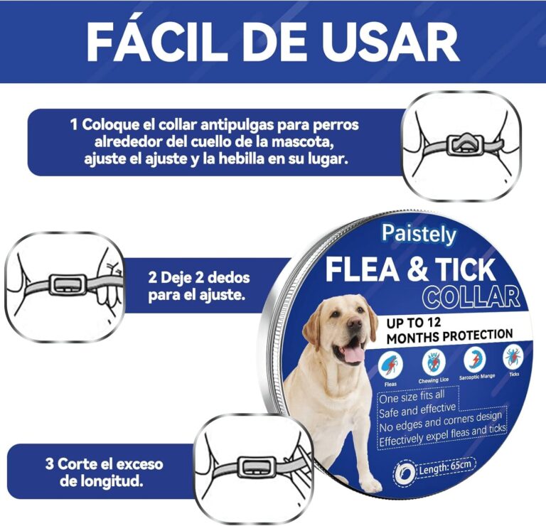 Collar Antiparasitario Perros, Seguro y Eficaz Antipulgas Hecho de Aceites Esenciales 100%, de 12 Meses de Eficacia de Todos Los Tamaños