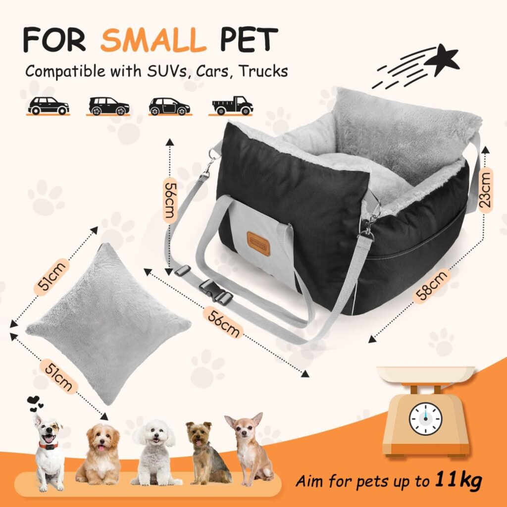 Nobleza Asiento de Coche para Perros Pequeños, Asiento Elevador para Perros con Cojín Reversible y Bolsa de Almacenamiento, Cama Perro Coche Lavable, Adecuada para Uso en Invierno, L58×W56×H33cm