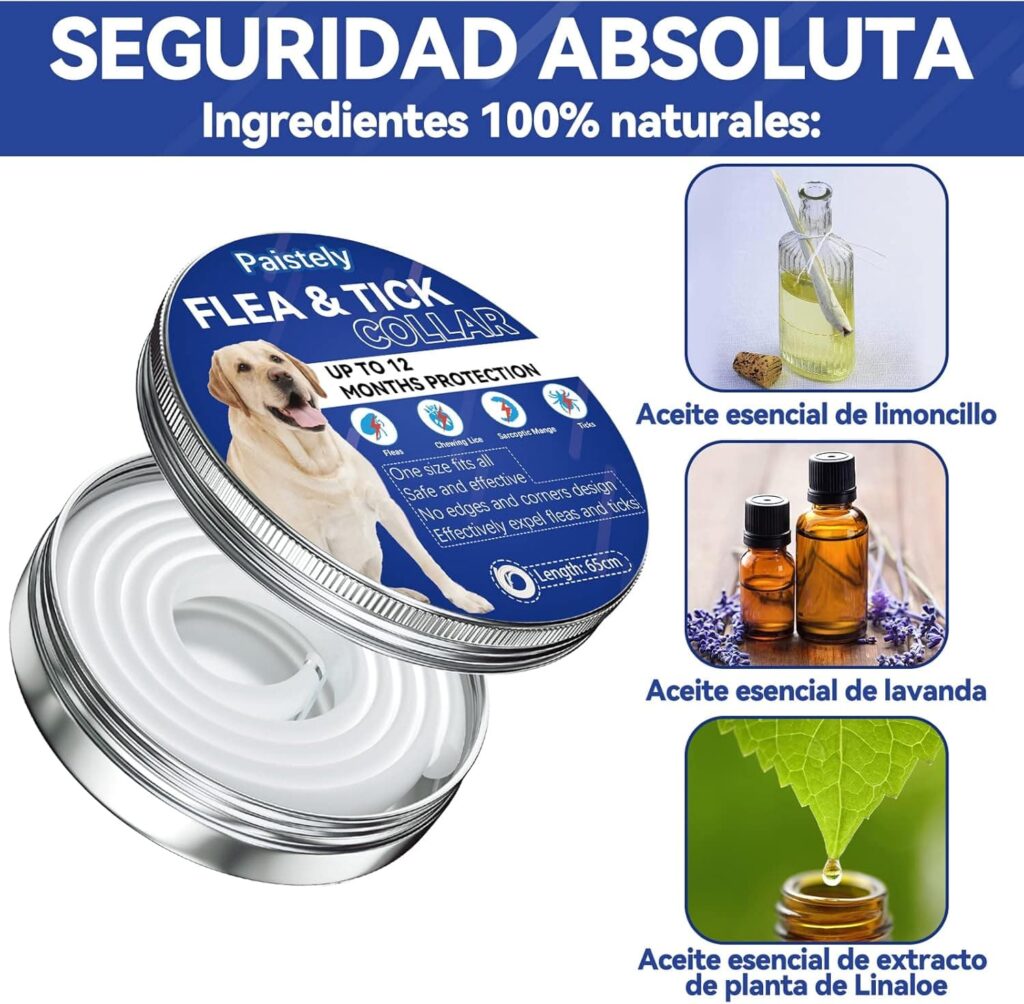 Collar Antiparasitario Perros, Seguro y Eficaz Antipulgas Hecho de Aceites Esenciales 100%, de 12 Meses de Eficacia de Todos Los Tamaños