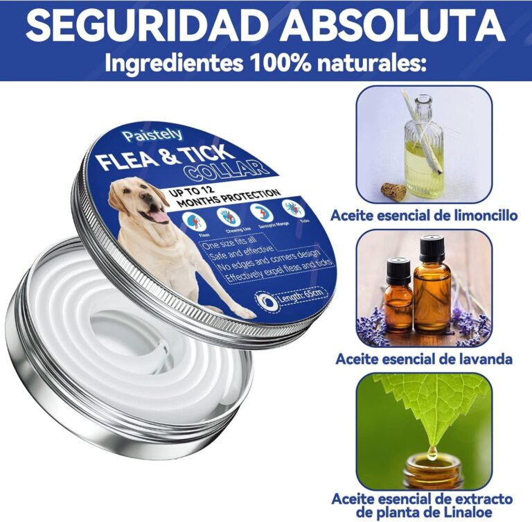 Collar Antiparasitario Perros, Seguro y Eficaz Antipulgas Hecho de Aceites Esenciales 100%, de 12 Meses de Eficacia de Todos Los Tamaños