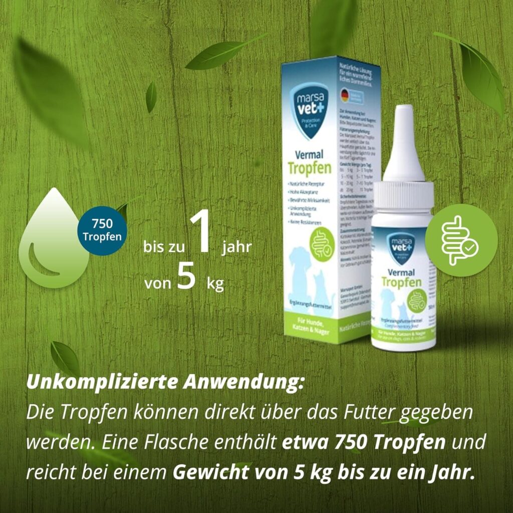 Marsavet+ Vermal Gotas 50 ml – Solución Natural para un Entorno intestinal desfavorable a los Gusanos, Ayuda contra giardia, remedio para Perros, Gatos y roedores