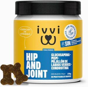 ivvi - Hip and Joint - Articulaciones, Antiartrosis - Complemento Alimenticio para Perros, Altamente Concentrado - MSM, Mejillón de Labio Verde, Glucosamina - 60 Golosinas de Pollo, 270g
