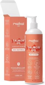 MAIKAI Aceite de Salmon para Perros y Gatos 1 L - 100% Natural y Puro - Fuente de Omega 3 y 6 - Antiinflamatorio - Piel Sana y Pelo Brillante - Vitaminas y Calcio - Articulaciones y Defensas