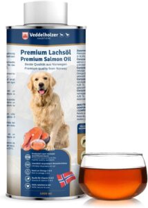 Veddelholzer Aceite de salmón para Perros 1 litro en Lata reciclable Cuidado Ideal del Pelaje Bueno para los Huesos y el Sistema inmunitario con ácidos grasos Omega3 y Vitamina E