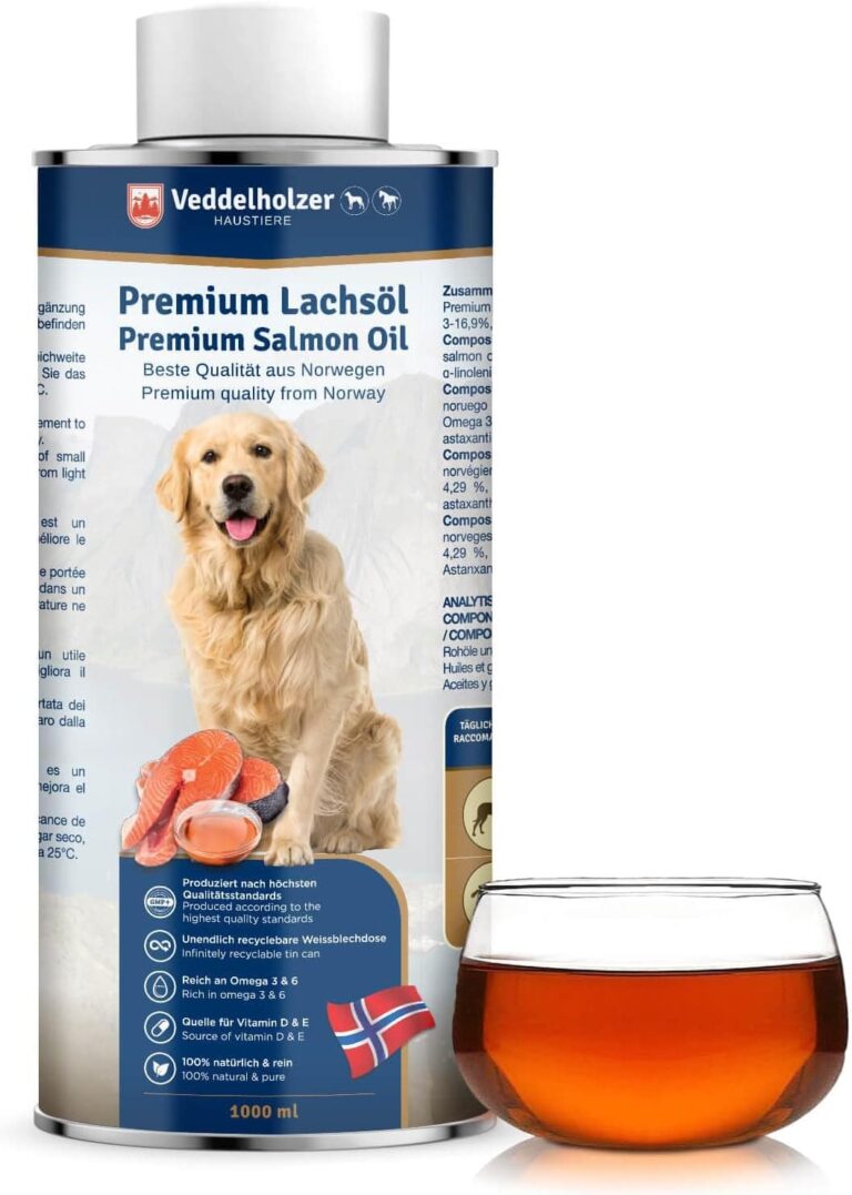 Veddelholzer Aceite de salmón para Perros 1 litro en Lata reciclable Cuidado Ideal del Pelaje Bueno para los Huesos y el Sistema inmunitario con ácidos grasos Omega3 y Vitamina E