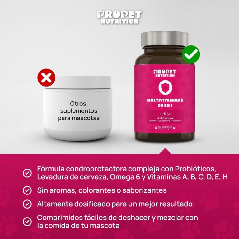 Vitaminas para Perros y Gatos + Probioticos + Glucosamina + Condrotina (20 en 1). Mejora Pelaje, Sistema Inmune y Articulaciones. Vit A, B, C, E, H, Omega 6, Biotina. Alta Concentración. 120 Dosis