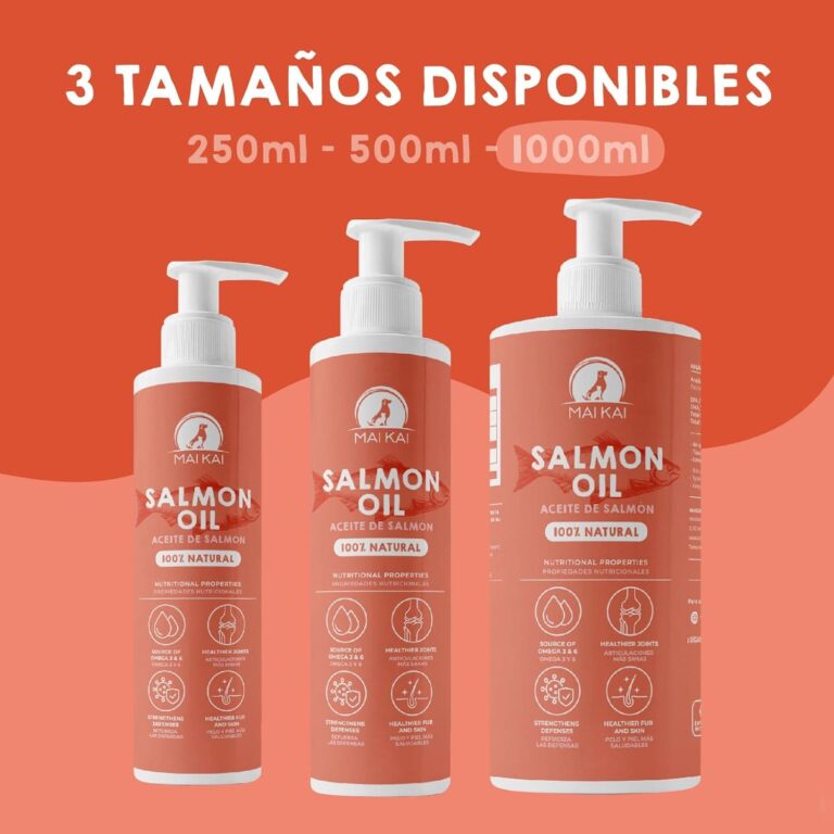 MAIKAI Aceite de Salmon para Perros y Gatos 1 L - 100% Natural y Puro - Fuente de Omega 3 y 6 - Antiinflamatorio - Piel Sana y Pelo Brillante - Vitaminas y Calcio - Articulaciones y Defensas