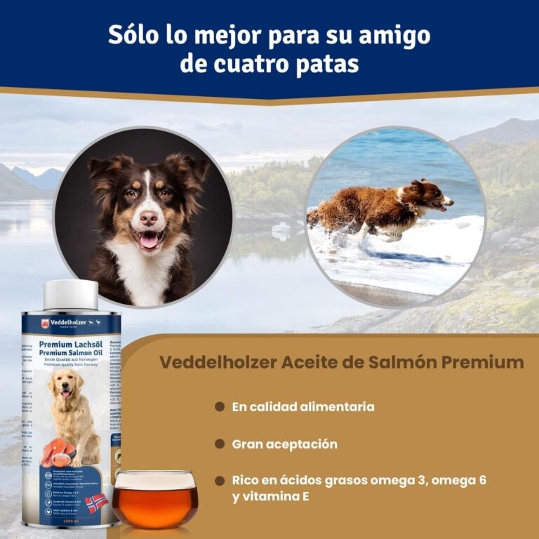 Veddelholzer Aceite de salmón para Perros 1 litro en Lata reciclable Cuidado Ideal del Pelaje Bueno para los Huesos y el Sistema inmunitario con ácidos grasos Omega3 y Vitamina E