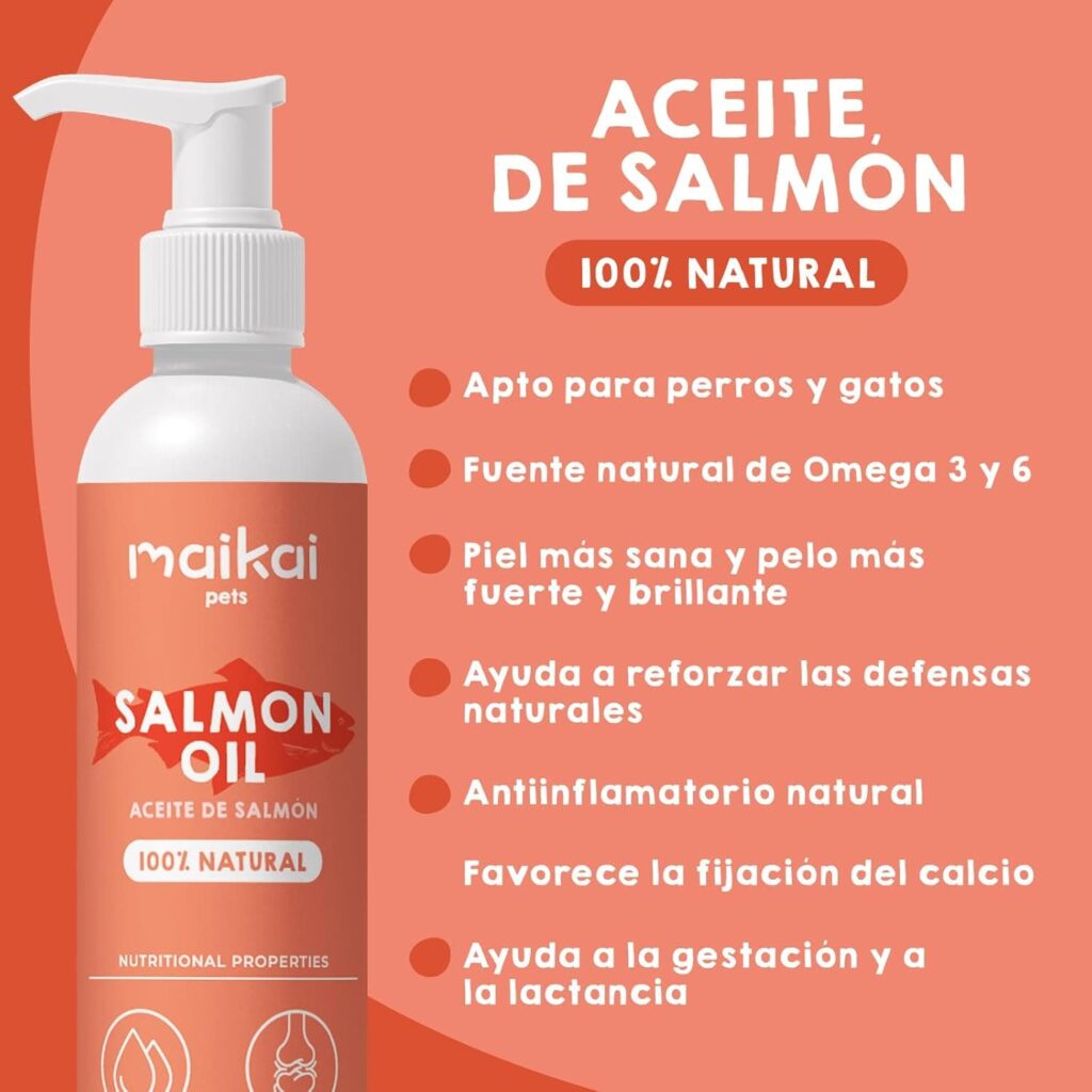 MAIKAI Aceite de Salmon para Perros y Gatos 1 L - 100% Natural y Puro - Fuente de Omega 3 y 6 - Antiinflamatorio - Piel Sana y Pelo Brillante - Vitaminas y Calcio - Articulaciones y Defensas