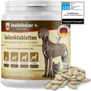 Los comprimidos condroprotector perros para articulaciones Veddelholzer con MSM, harpagófito glucosamina colágeno para fortalecer los huesos, fabricadas en Alemania, 125 cápsulas con hialurón y Omega3