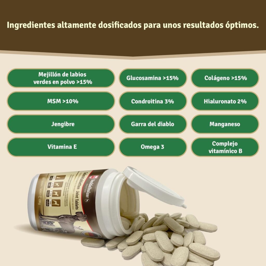 Los comprimidos condroprotector perros para articulaciones Veddelholzer con MSM, harpagófito glucosamina colágeno para fortalecer los huesos, fabricadas en Alemania, 125 cápsulas con hialurón y Omega3