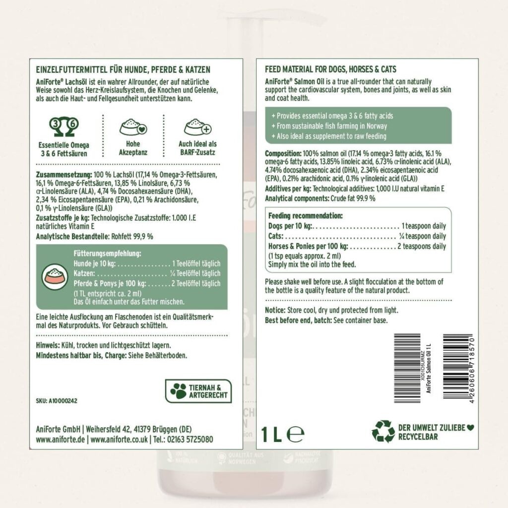 AniForte Aceite de Salmón para Perros 1 Litro - 100% Natural. Contiene Ácidos Grasos Omega 3, EPA, DHA Y Linolénico. Beneficioso para Huesos Fuertes y Pelaje Brillante