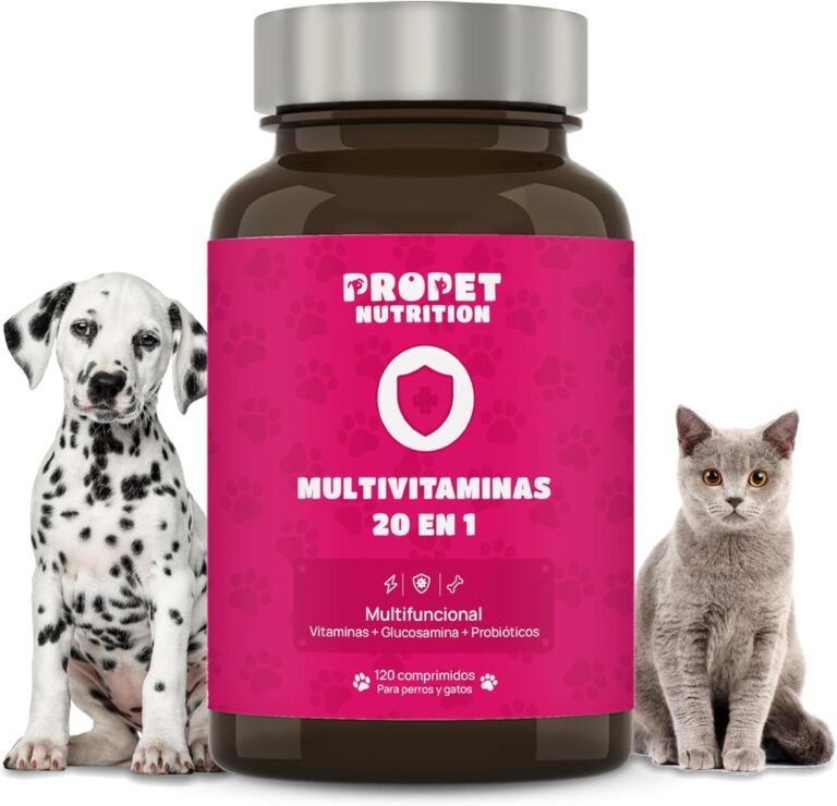 Vitaminas para Perros y Gatos + Probioticos + Glucosamina + Condrotina (20 en 1). Mejora Pelaje, Sistema Inmune y Articulaciones. Vit A, B, C, E, H, Omega 6, Biotina. Alta Concentración. 120 Dosis