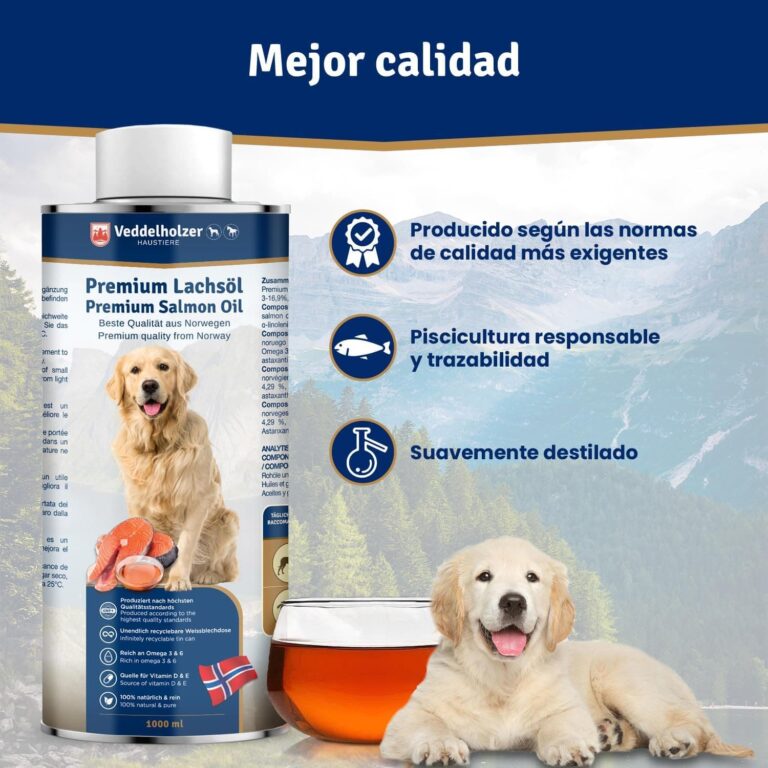 Veddelholzer Aceite de salmón para Perros 1 litro en Lata reciclable Cuidado Ideal del Pelaje Bueno para los Huesos y el Sistema inmunitario con ácidos grasos Omega3 y Vitamina E