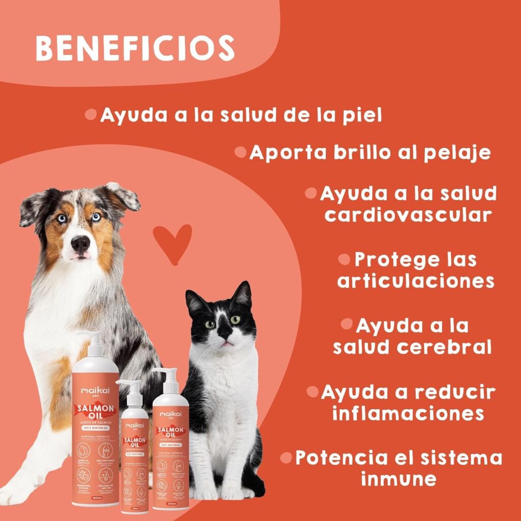 MAIKAI Aceite de Salmon para Perros y Gatos 1 L - 100% Natural y Puro - Fuente de Omega 3 y 6 - Antiinflamatorio - Piel Sana y Pelo Brillante - Vitaminas y Calcio - Articulaciones y Defensas