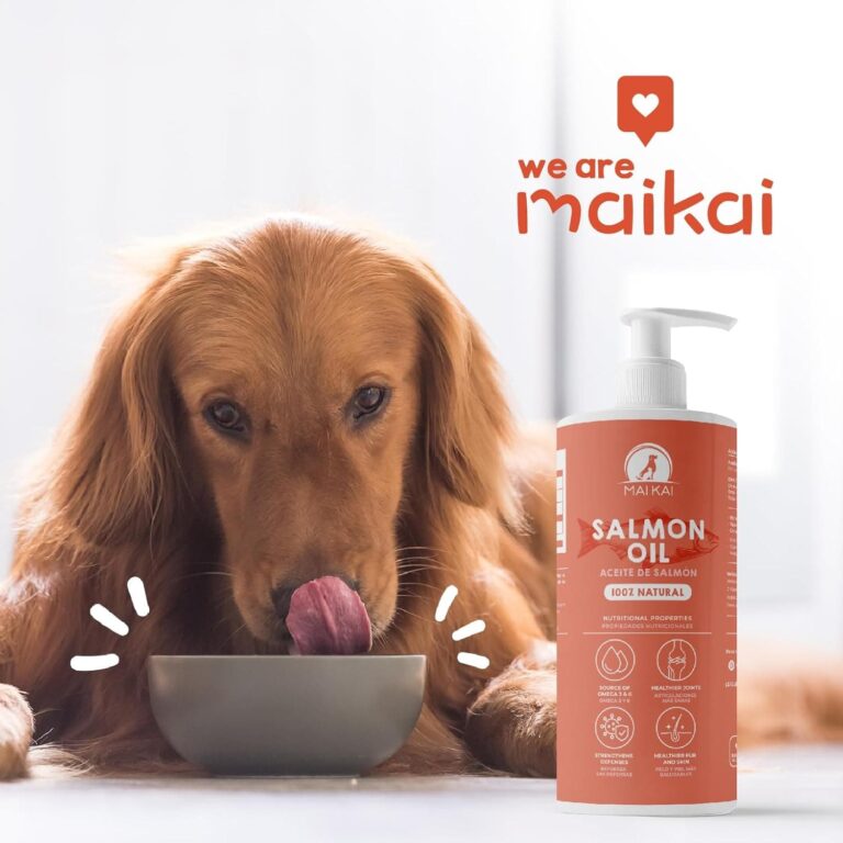 MAIKAI Aceite de Salmon para Perros y Gatos 1 L - 100% Natural y Puro - Fuente de Omega 3 y 6 - Antiinflamatorio - Piel Sana y Pelo Brillante - Vitaminas y Calcio - Articulaciones y Defensas